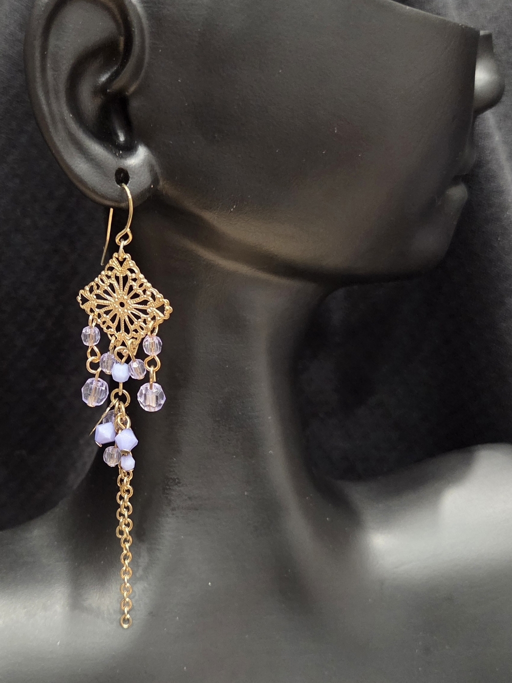 Gold Filigree Drop Earrings with Lavender Beads